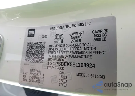 2025 Chevrolet Colorado 2Wd Wt z USA, uszkodzony, nr VIN 1GCPSBEK5S1168924